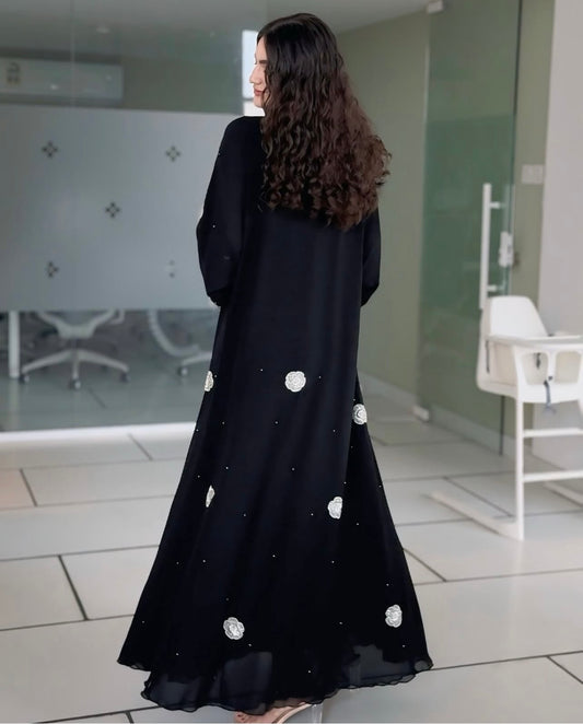 Double shiffon abaya with pearls