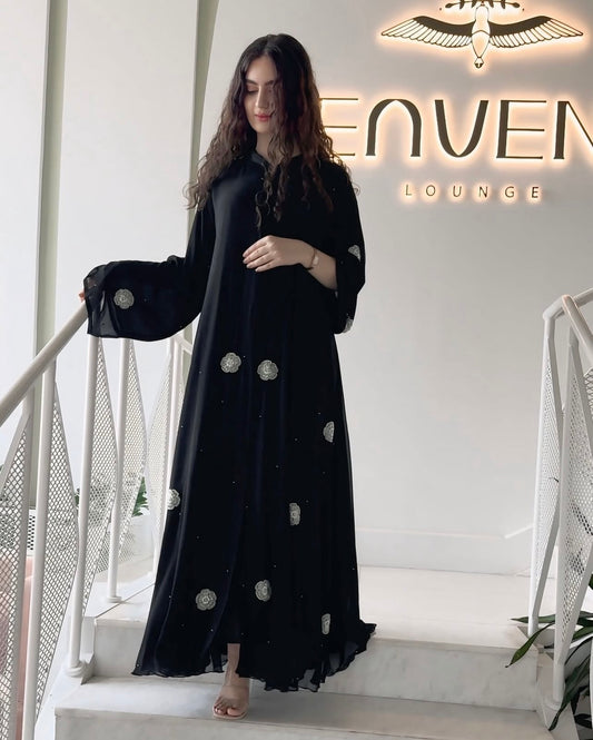 Double shiffon abaya with pearls